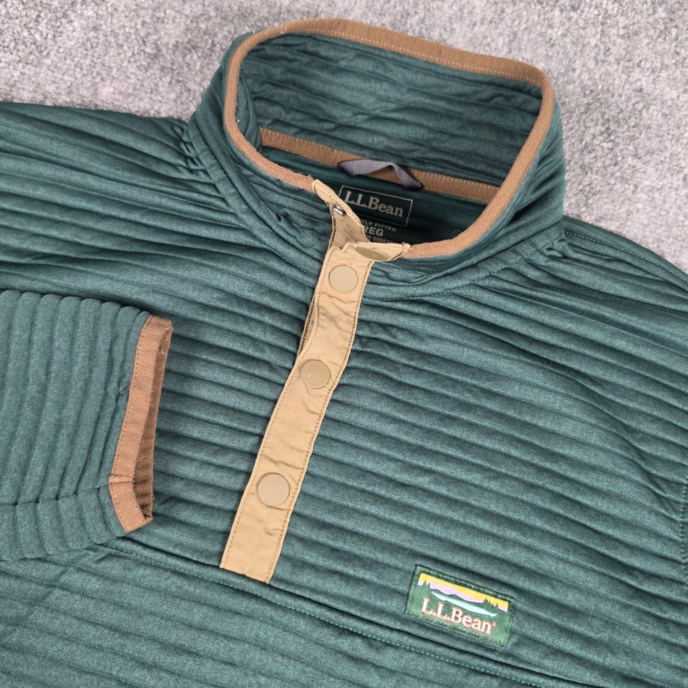 L.L.Bean AirLight Knit Pullover Men Large Green Ribbed Snap Neck Fleece 506874